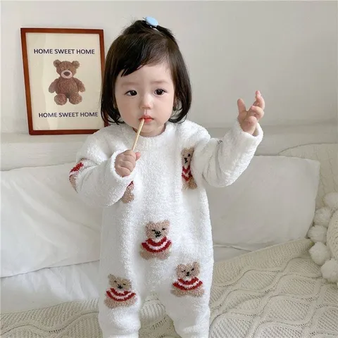 Hàng QC - Bodysuit lông cừu ấm áp dày dặn họa tiết gấu chim cánh cụt cute đáng yêu mùa đông cho bé