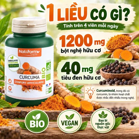 Nat&Form Curcuma Bio 200 Viên – Viên Uống Nghệ Hữu Cơ Pháp, Hỗ Trợ Tiêu Hóa, Sức Khỏe Xương Khớp