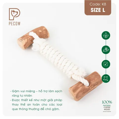 Que 2 khúc từ gỗ cà phê bện dây ở giữa K8 - Size L - Làm sạch răng, giải stress cho boss