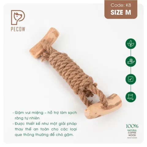 Que 2 khúc từ gỗ cà phê bện dây ở giữa K8 - Size M - Làm sạch răng, giải stress cho boss