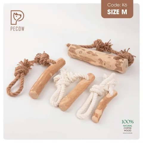 Que từ gỗ cà phê gắn dây kiểu 3 K6 - Size M - Làm sạch răng, giải stress cho boss