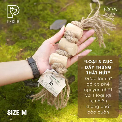 (Size M) Dây thừng thắt nút loại 3 cục từ gỗ cà phê - Giảm mảng bám, sạch răng cho thú cưng