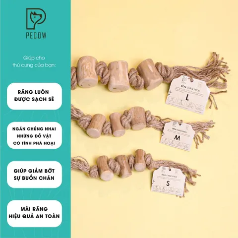 Pet Chew Stick - Đồ chơi cho thú cưng thắt nút bằng gỗ cà phê và dây thừng bản 3 cục Size L