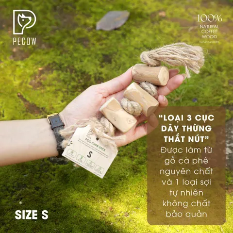 (Size S) Dây thừng thắt nút loại 3 cục từ gỗ cà phê - Giảm mảng bám, sạch răng cho thú cưng