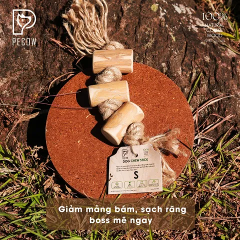 (Size S) Dây thừng thắt nút loại 3 cục từ gỗ cà phê - Giảm mảng bám, sạch răng cho thú cưng
