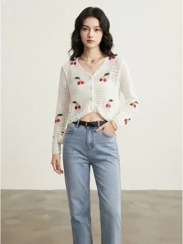 Áo khoác len cardigan nữ dáng lỡ họa tiết cherry