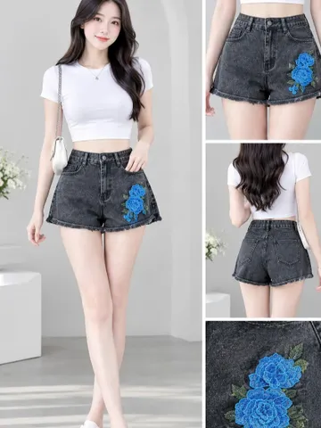 [50-75kg] Quần Sọt Jean Nữ Mẫu Trơn Tua Lai Thêu Hoa Hồng Xanh
