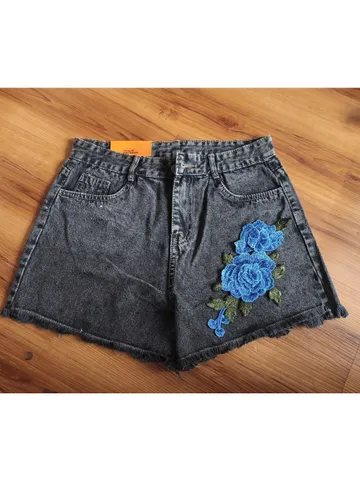 [50-75kg] Quần Sọt Jean Nữ Mẫu Trơn Tua Lai Thêu Hoa Hồng Xanh