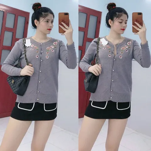 Áo khoác len phối nút thêu hoa có túi hàng dày đẹp