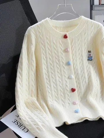Áo Len Nữ Cardigan Thêu Gấu Đính Cúc Trái Tim Nhiều Màu Trẻ Trung, Chất liệu Len Lông Thỏ Mềm Mại