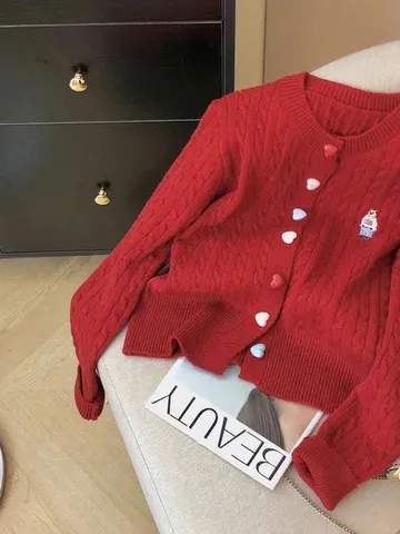Áo Len Nữ Cardigan Thêu Gấu Đính Cúc Trái Tim Nhiều Màu Trẻ Trung, Chất liệu Len Lông Thỏ Mềm Mại