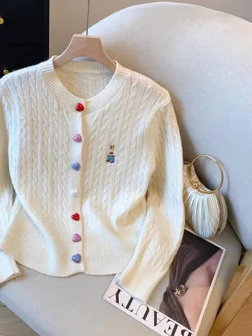 Áo Len Nữ Cardigan Thêu Gấu Đính Cúc Trái Tim Nhiều Màu Trẻ Trung, Chất liệu Len Lông Thỏ Mềm Mại