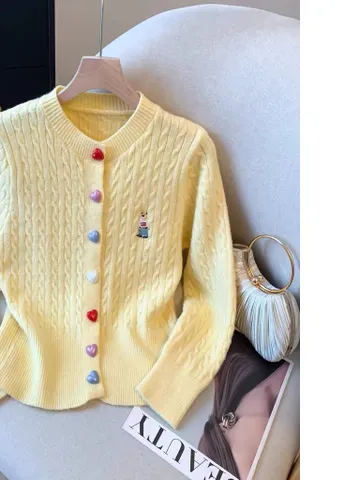 Áo Len Nữ Cardigan Thêu Gấu Đính Cúc Trái Tim Nhiều Màu Trẻ Trung, Chất liệu Len Lông Thỏ Mềm Mại