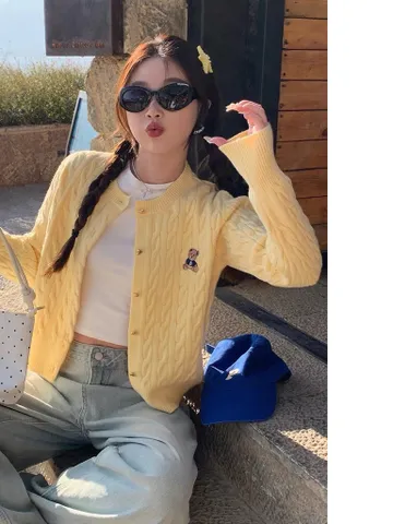 Áo Len Nữ Cardigan Thêu Gấu Đính Cúc Trái Tim Nhiều Màu Trẻ Trung, Chất liệu Len Lông Thỏ Mềm Mại