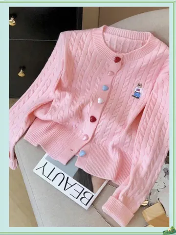Áo Len Nữ Cardigan Thêu Gấu Đính Cúc Trái Tim Nhiều Màu Trẻ Trung, Chất liệu Len Lông Thỏ Mềm Mại