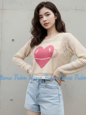 Áo len nữ kiểu lỗ croptop tay dài hình trái tim