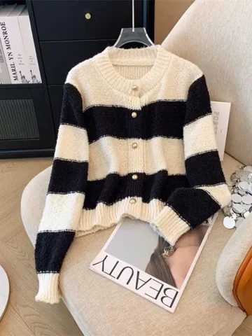 Áo khoác len cardigan nữ tay dài sọc ngang
