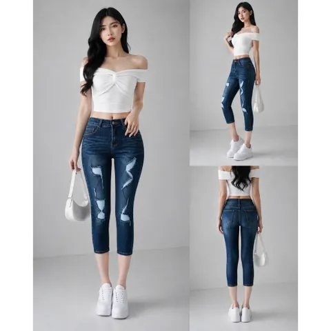 Quần jean nữ 9 tấc mẫu rách lưng cao 2 nút co giãn mạnh màu xanh đậm ảnh thật