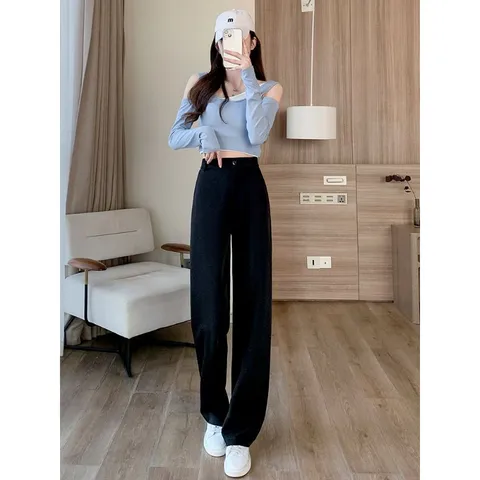 Quần tây nữ form suông dài ống rộng màu đen có size đại