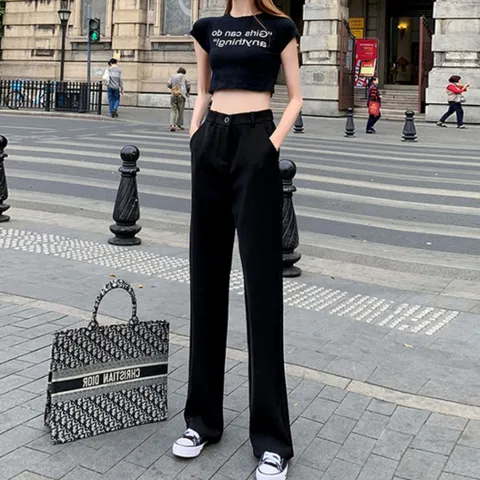 Quần tây nữ form suông dài ống rộng màu đen có size đại