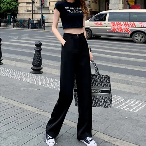 Quần tây nữ form suông dài ống rộng màu đen có size đại