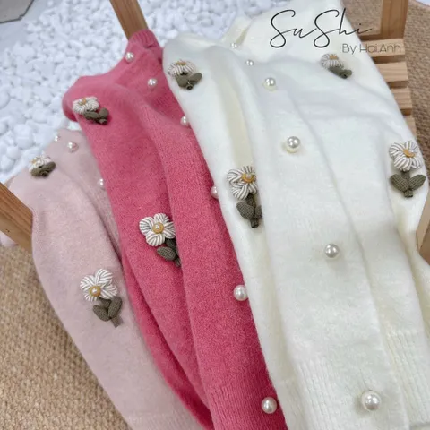 Áo khoác len cardigan nữ thêu hoa nút ngọc dài tay