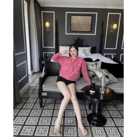 Áo khoác len cardigan nữ thêu hoa nút ngọc dài tay