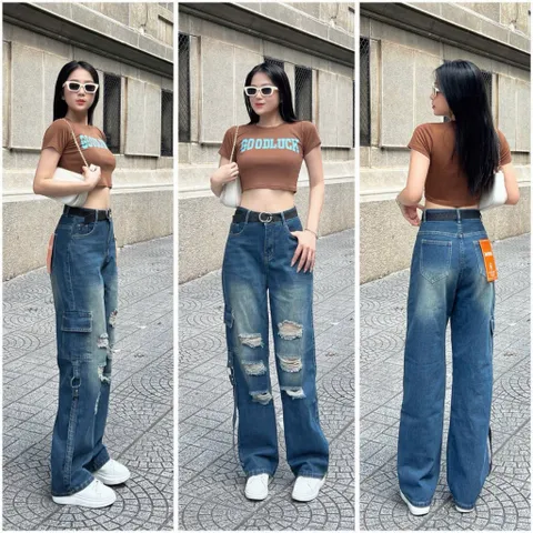 Quần Baggy Jean Nữ Ống Rộng Mẫu Rách Bụi Wash Màu Siêu Xinh