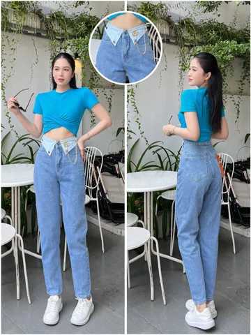Quần baggy jean nữ dáng dài ống rộng mẫu rách nhiều đường lưng cao màu xám