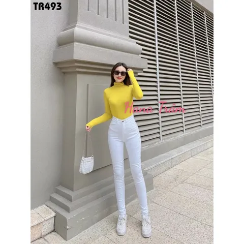 Quần Jean Dài Nữ Màu Trắng Dáng Ôm Hàng Co Giãn Mạnh Lưng Cao