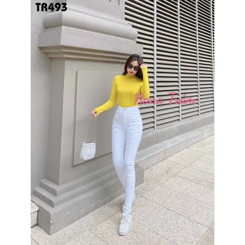 Quần Jean Dài Nữ Màu Trắng Dáng Ôm Hàng Co Giãn Mạnh Lưng Cao