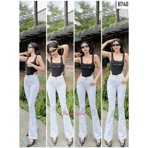 Quần jean dài nữ ống Loe lưng cao 2 nút mẫu trơn co giãn màu trắng