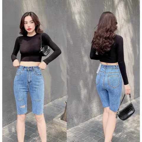 Quần jean nữ lửng gối lưng cao mẫu rách ngang đùi 2 màu mã 844