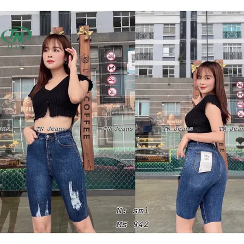 Quần jean lửng gối nữ lưng cao vải co giãn tôn dáng rách kiểu mã 842