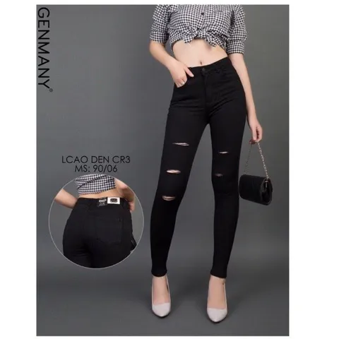 Quần Jean Dài Nữ Rách Nhiều Đường Màu Đen Hàng Co Giãn Lưng Cao