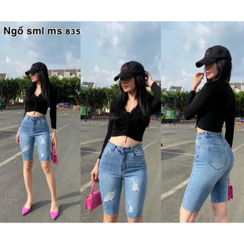 Quần jean nữ lửng gối mẫu rách kiểu hàng co giãn ảnh thật mã 835
