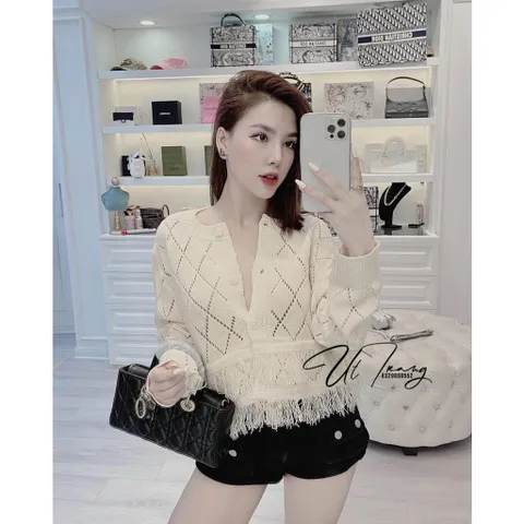 Áo khoác len cardigan nữ dáng ngắn 4 nút phối tua rua