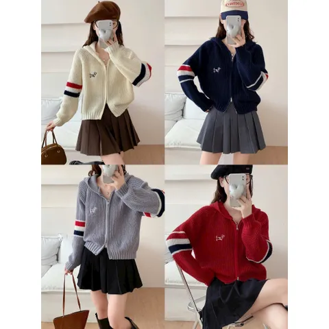 Áo khoác len nữ tay dài thêu cún có nón kiểu dây kéo 2 đầu