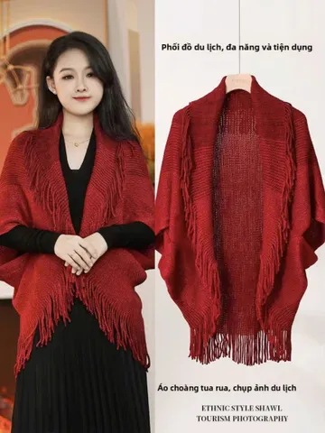 Áo choàng tua rua nữ sọc Bohemian, Áo khoác quàng cổ phong cách dân tộc sang trọng dành cho nữ