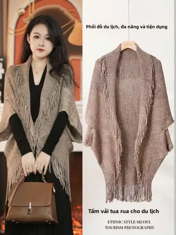 Áo choàng tua rua nữ sọc Bohemian, Áo khoác quàng cổ phong cách dân tộc sang trọng dành cho nữ