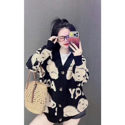 Áo khoác len cardigan nữ tay dài hình gấu nhiều màu hàng QC len dày đẹp
