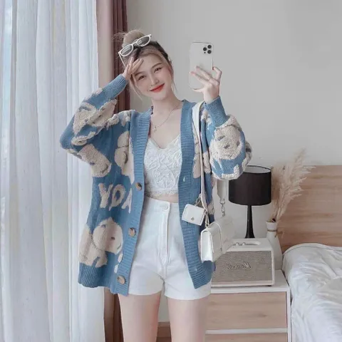 Áo khoác len cardigan nữ tay dài hình gấu nhiều màu hàng QC len dày đẹp