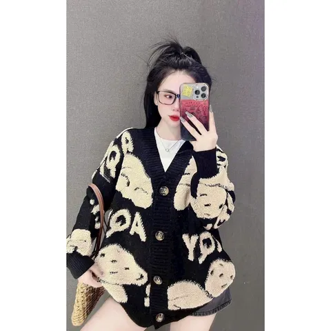 Áo khoác len cardigan nữ tay dài hình gấu nhiều màu hàng QC len dày đẹp