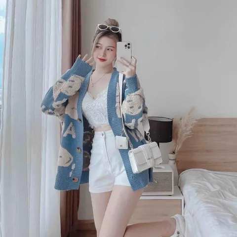 Áo khoác len cardigan nữ tay dài hình gấu nhiều màu hàng QC len dày đẹp
