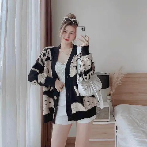 Áo khoác len cardigan nữ tay dài hình gấu nhiều màu hàng QC len dày đẹp