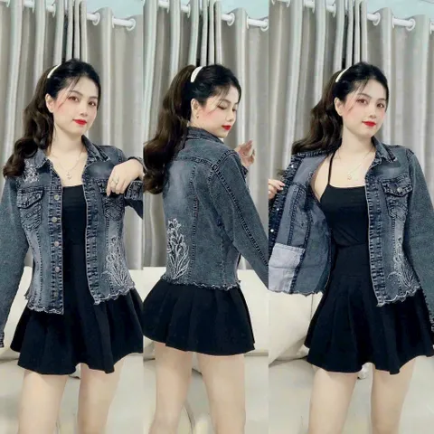 Áo khoác jean nữ thêu hoa lai gợn sóng hàng jean co giãn màu xám