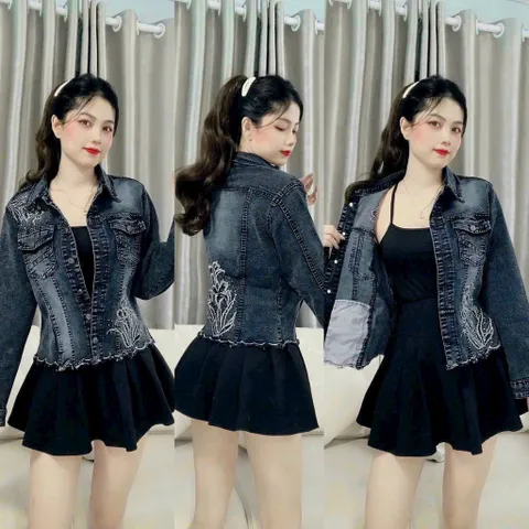 Áo khoác jean nữ thêu hoa lai gợn sóng hàng jean co giãn màu xám