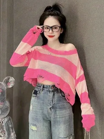 Áo len lưới khoác ngoài tay dài form rộng dáng lửng lai rách