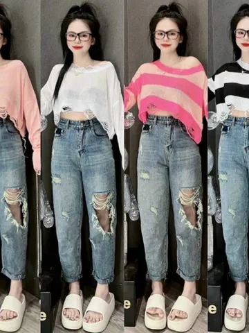 Áo len lưới khoác ngoài tay dài form rộng dáng lửng lai rách