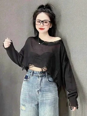 Áo len lưới khoác ngoài tay dài form rộng dáng lửng lai rách